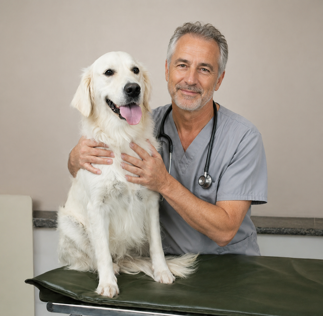 Veterinarian with golden retriever